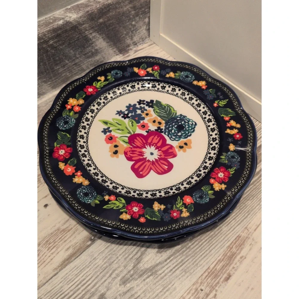 Pioneer Woman Dazzling Dahlias Dinner Plates Cobalt